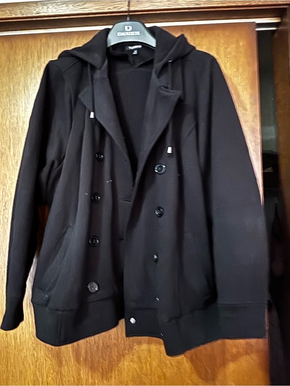 Black Hooded Double-Breasted Womens Fleece Jacket